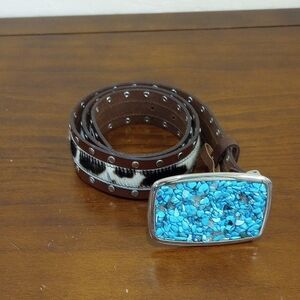 WCM Italian Leather Belt Calf Hair Faux Turquoise Silver Buckle , Size S
